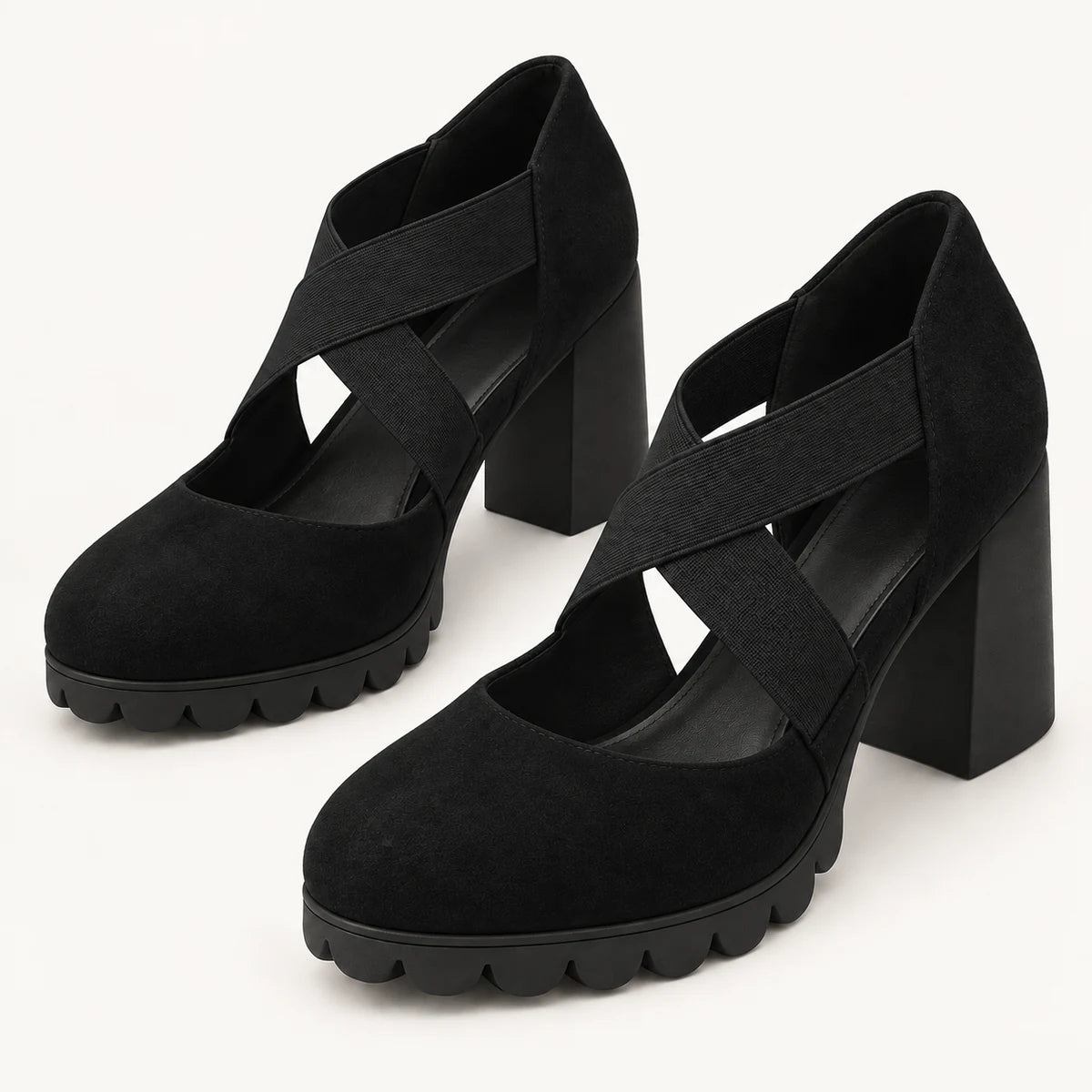 The Clara in Onyx Black with elastic cross straps and black block heels